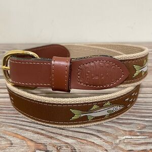Zep-Pro Brown Canvas Golf Belt Snook Fish Print Leather Trim Brass Buckle Men 36